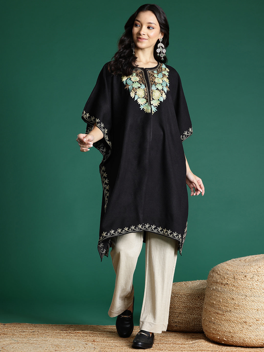 Floral Embroidered Flared Sleeves Thread Work Jacquard Kaftan Kurta