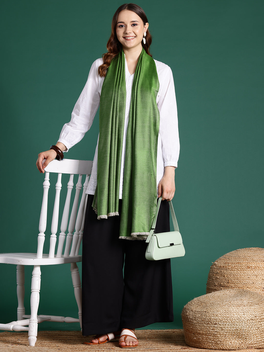 Women Green Solid Reversible Stole