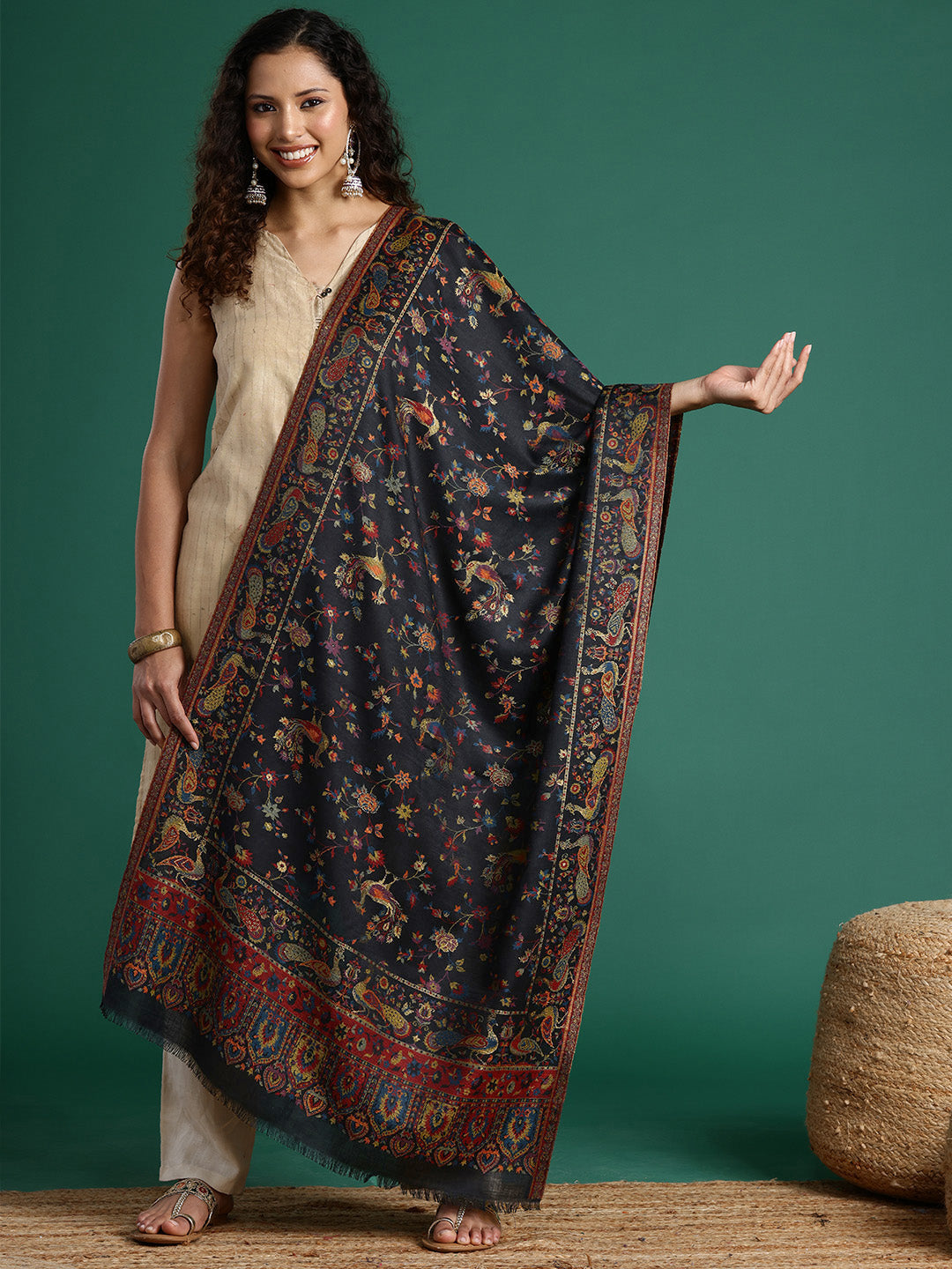 Women Black Woven Design Stole With Zari