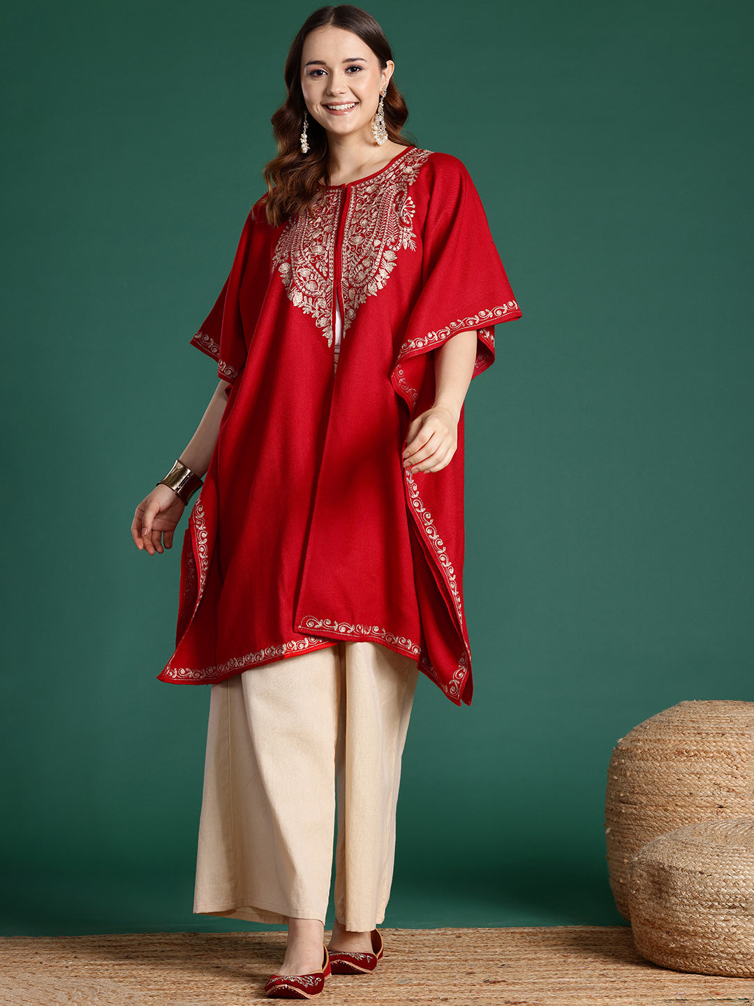 Women Red Kashmiri Aari Embroidered Zari Work Pheran Kaftan