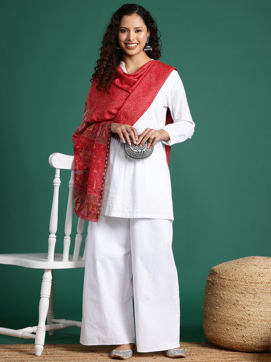 Women Red Woven Design Kashmiri Kaani Stole