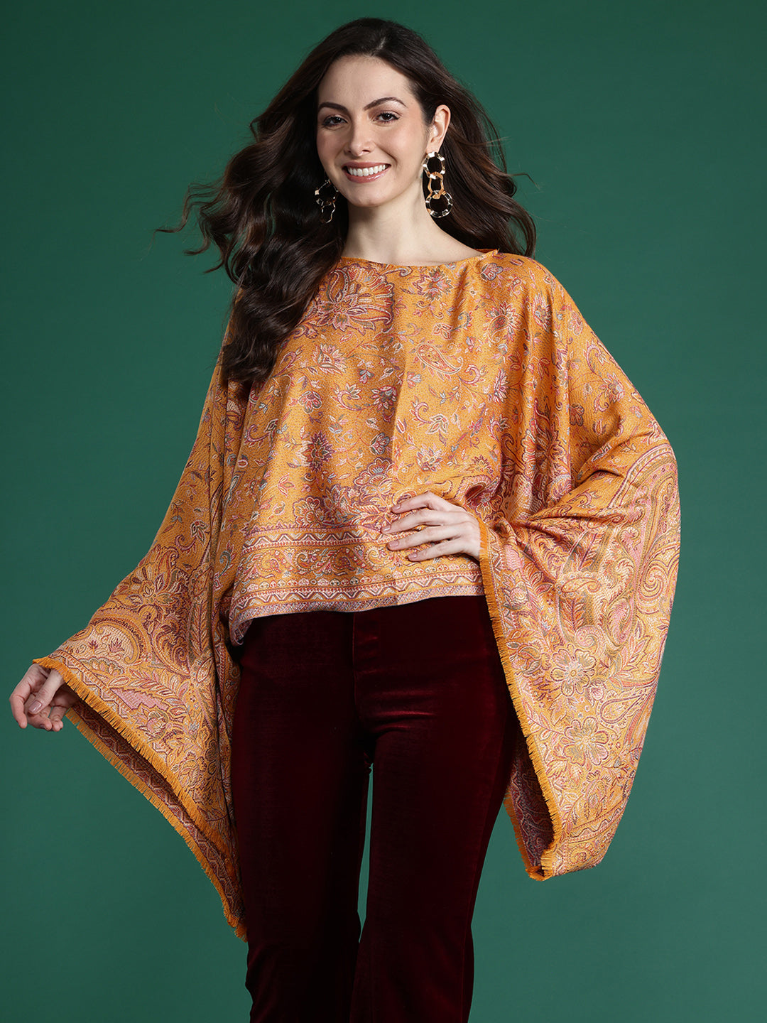 Indie Floral Woven Design Flared Kimono Sleeve Kaftan Top