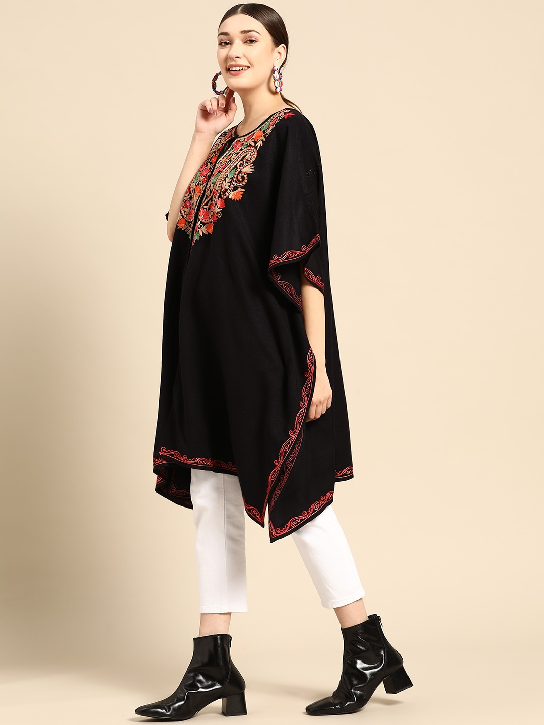 Women Floral Embroidered Flared Sleeves Thread Work Acrylic Fusion Kaftan Kurta