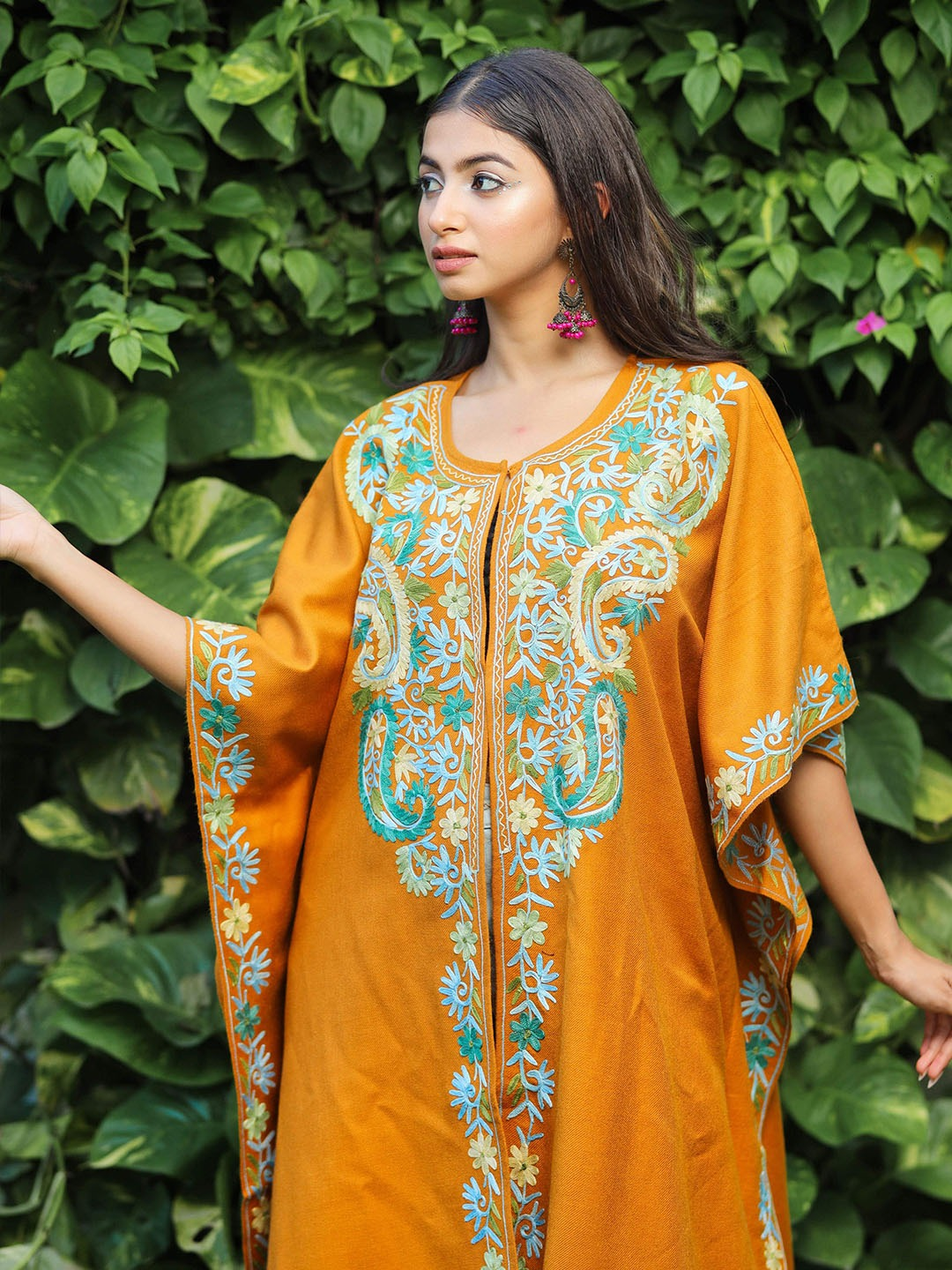 Women Mustard Floral Embroidered Flared Sleeves Thread Work Acrylic Fusion Kaftan Kurta