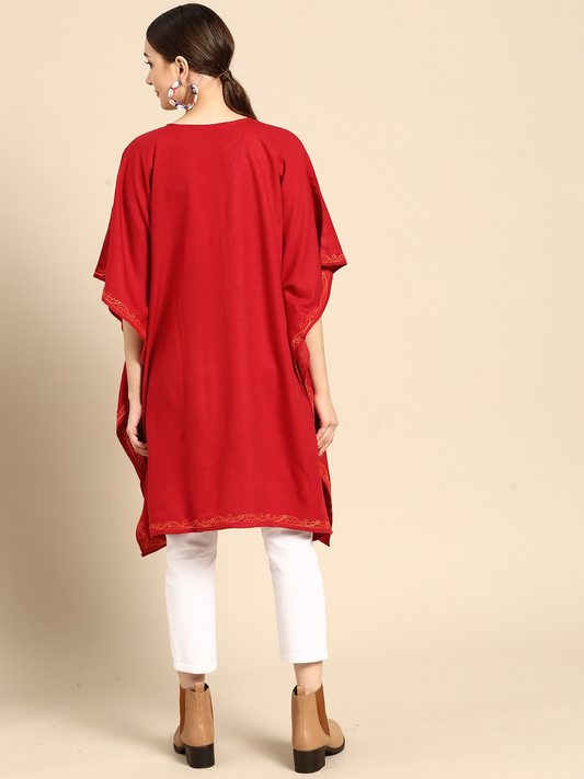 Women Red Kashmiri Embroidered Front Open Longline Sweater