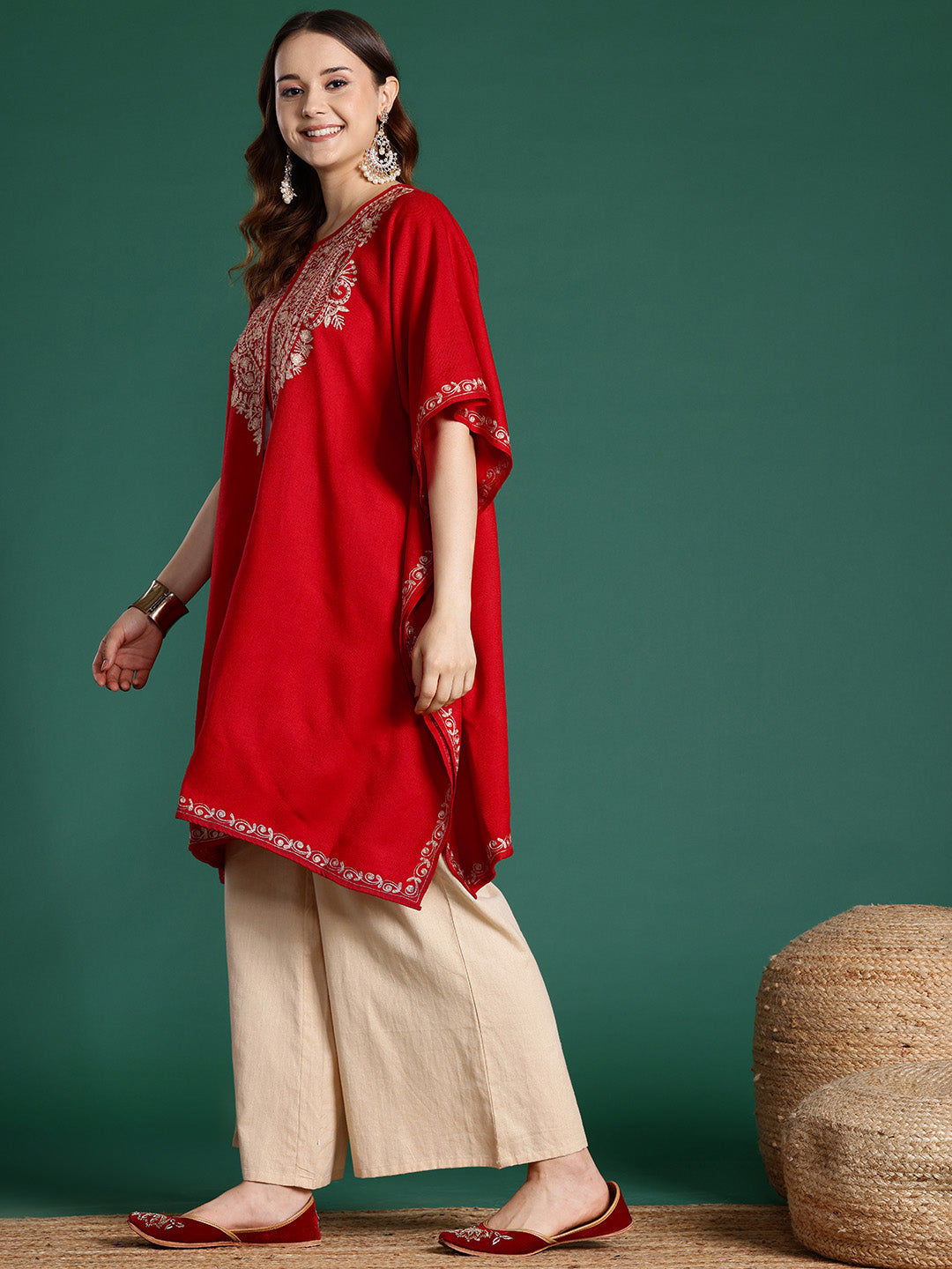 Women Red Kashmiri Aari Embroidered Zari Work Pheran Kaftan