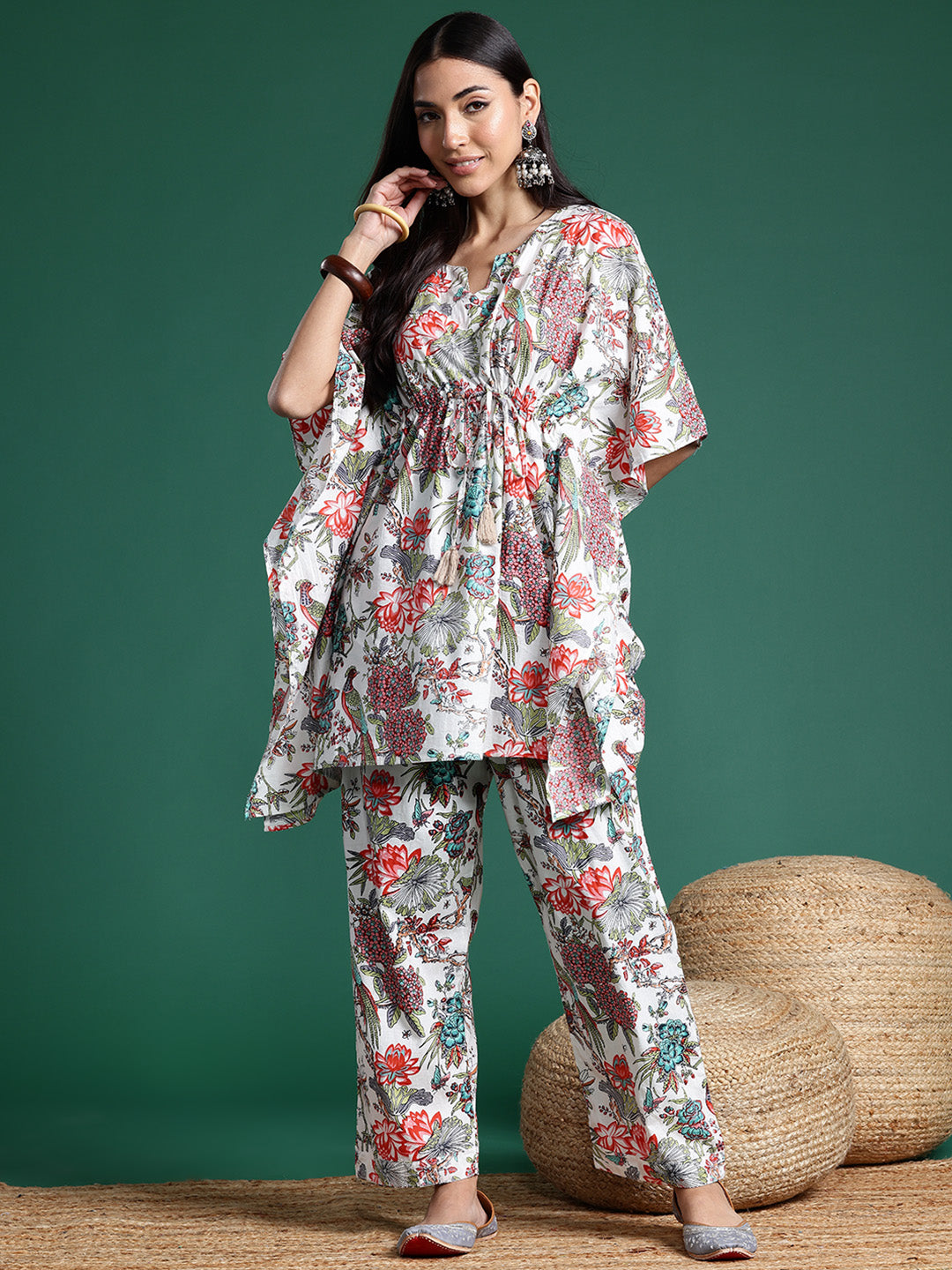 Women Floral Printed Kaftan Pure Cotton Kurti with Palazzos