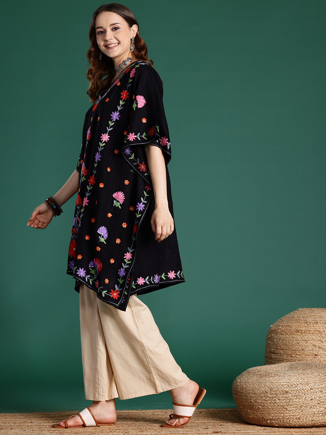 Women Black Floral Aari Embroidered Thread Work Kashmiri Pheran