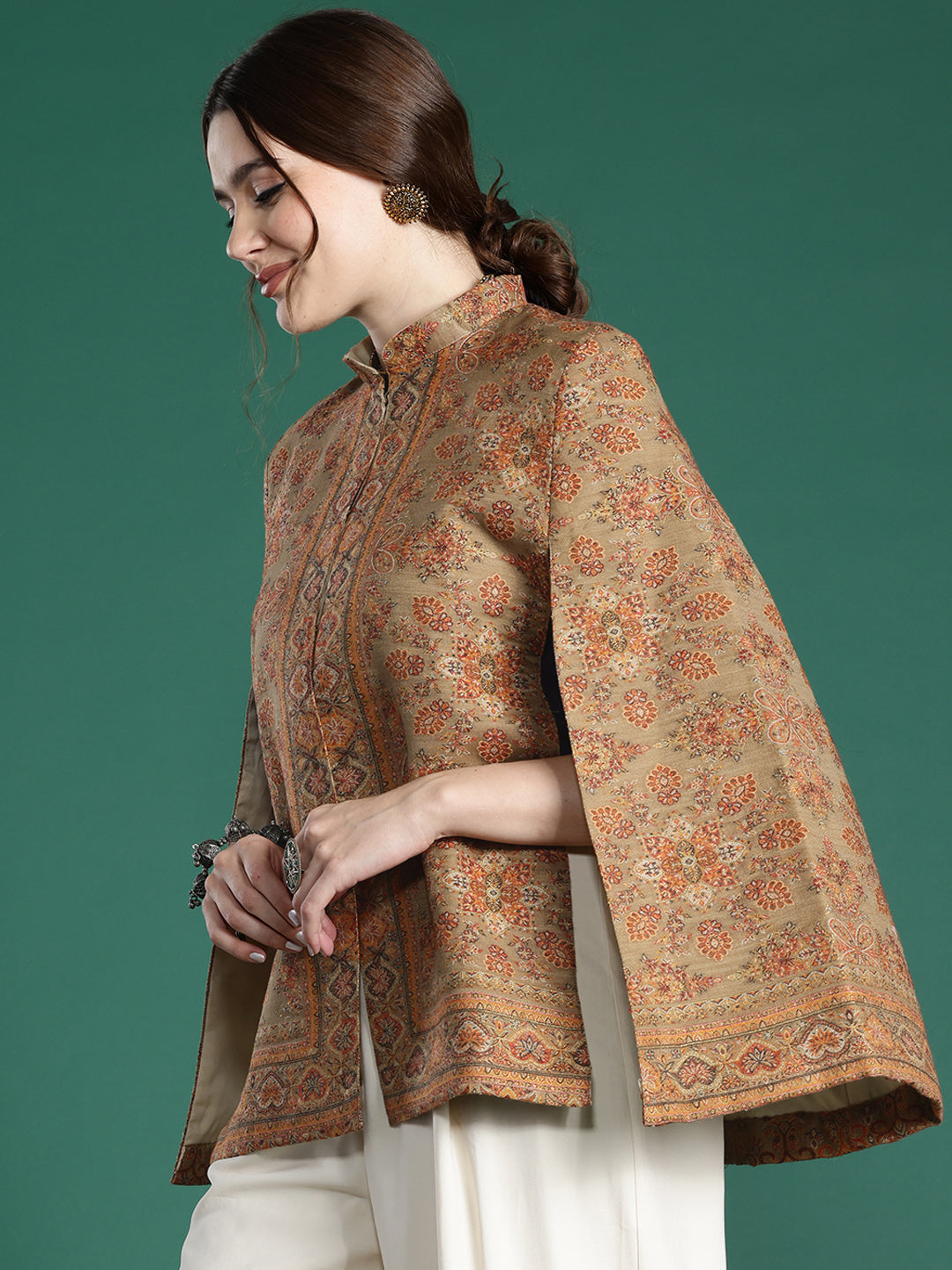 Beige Floral Woven Design Cape Jacket