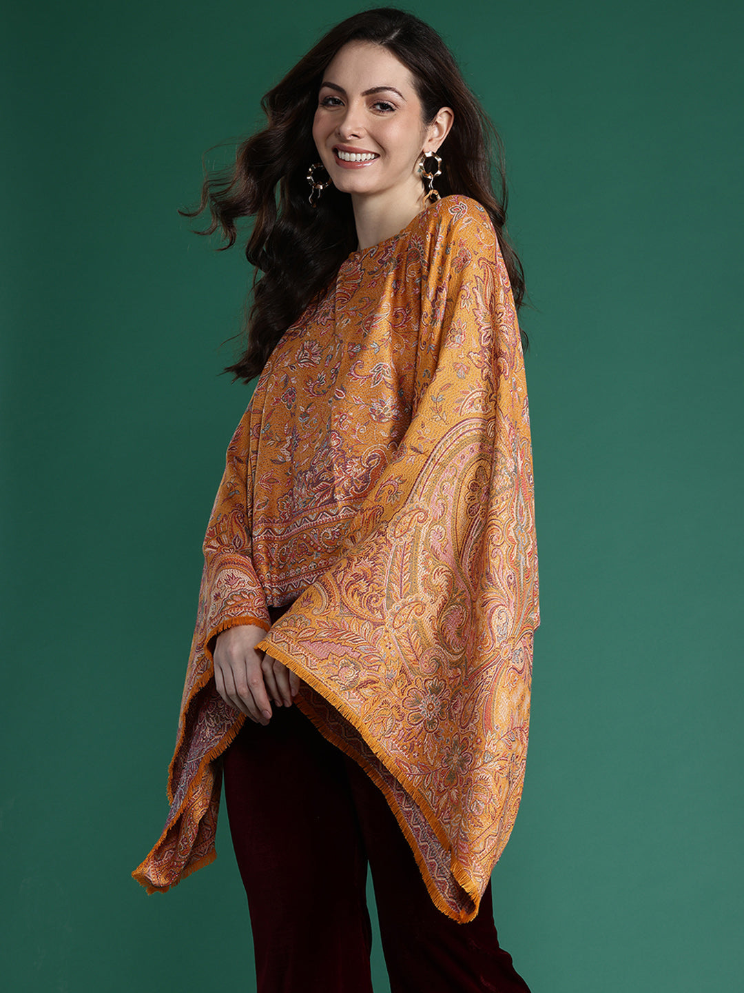 Indie Floral Woven Design Flared Kimono Sleeve Kaftan Top