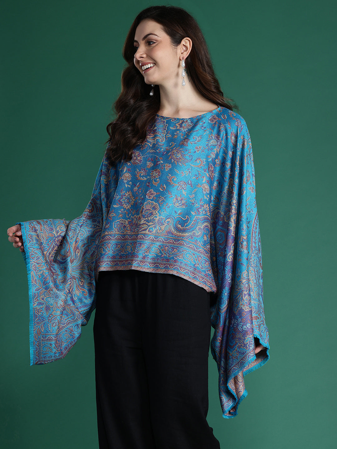 Blue Indie Floral Woven Design Flared Kimono Sleeve Kaftan Top