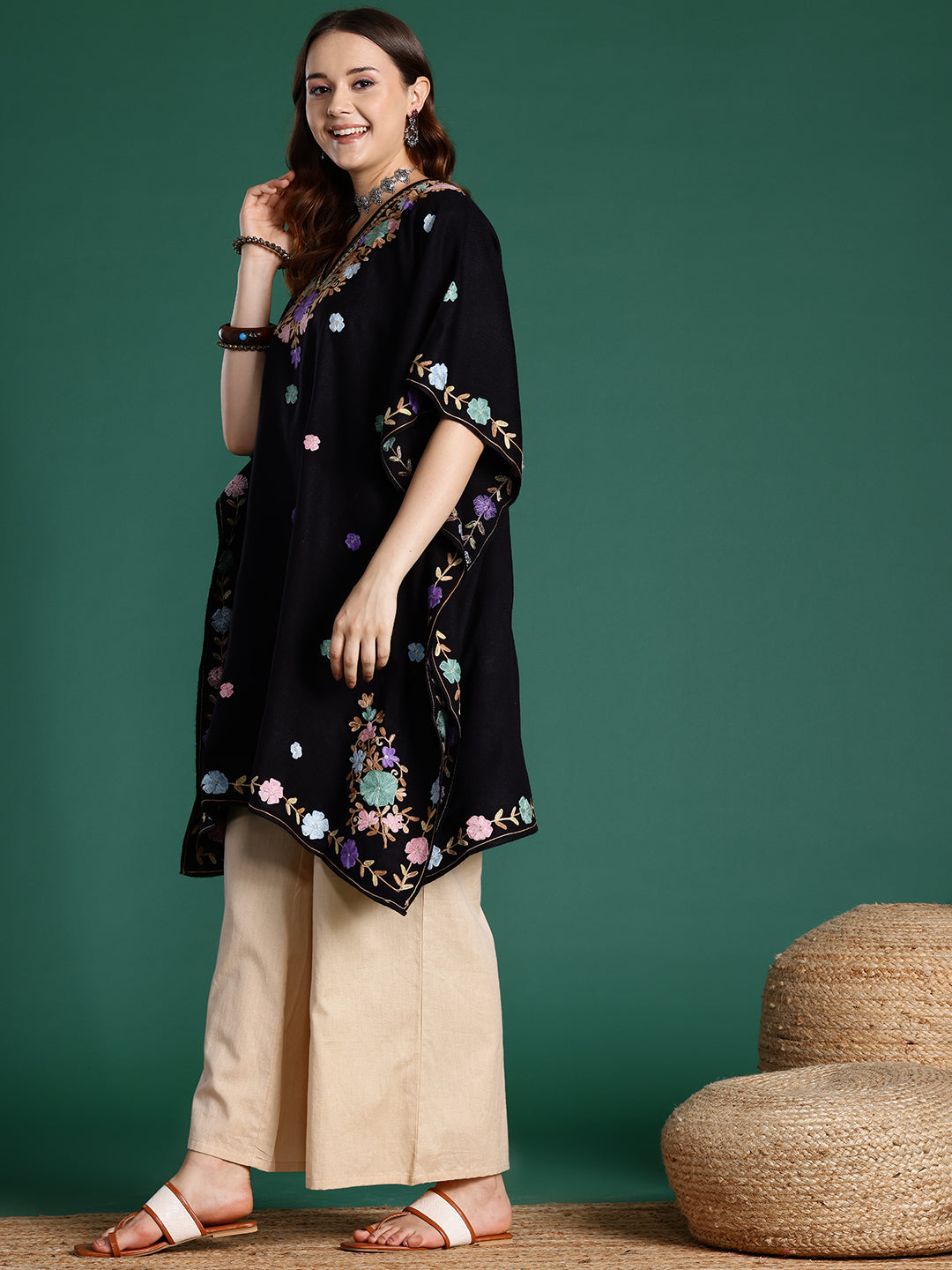 Women Black Floral Embroidered Thread Work Kashmiri Pheran