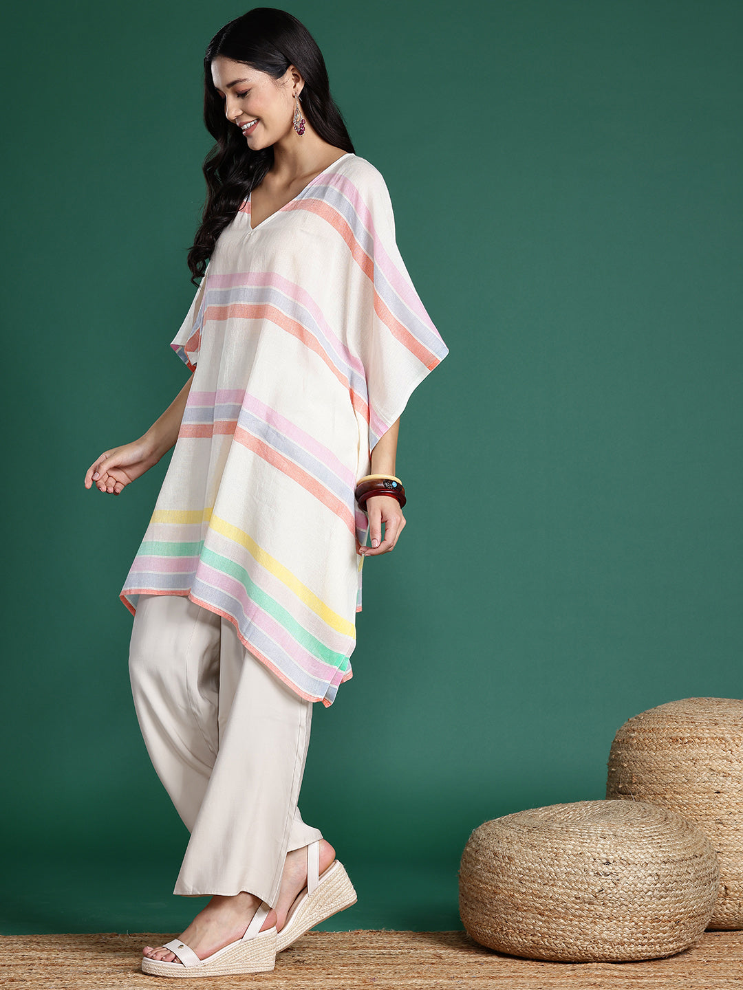 Striped Flared Sleeves Jacquard Kaftan Kurta