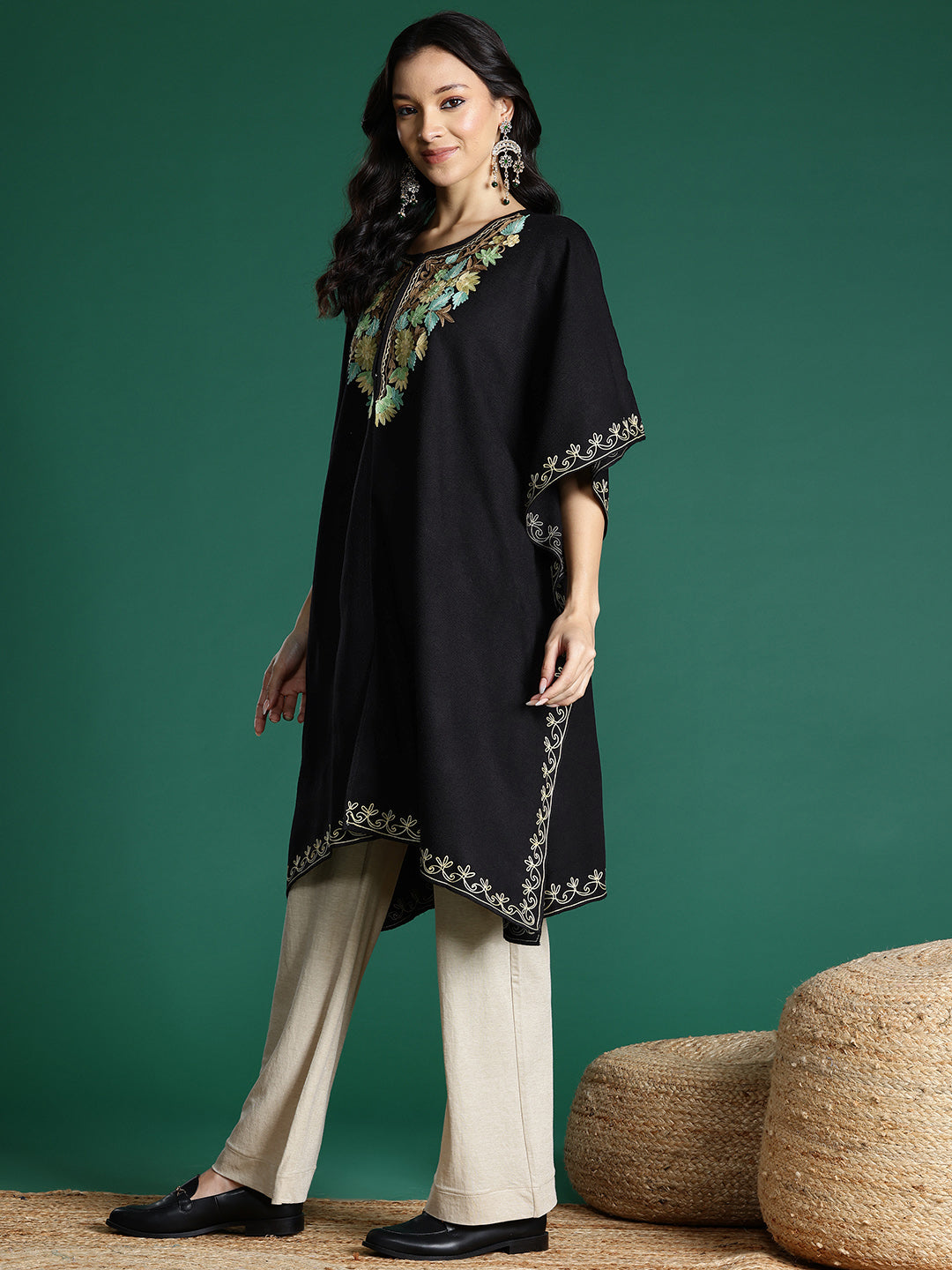 Floral Embroidered Flared Sleeves Thread Work Jacquard Kaftan Kurta