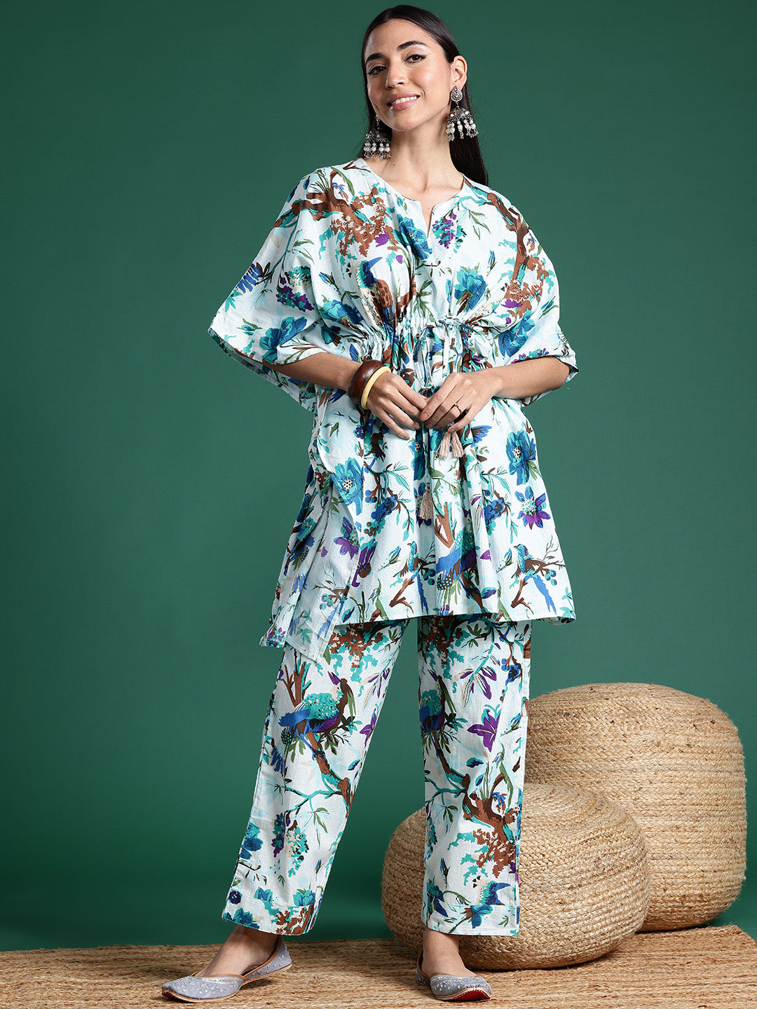 Women Floral Printed Kaftan Pure Cotton Kurti with Palazzos