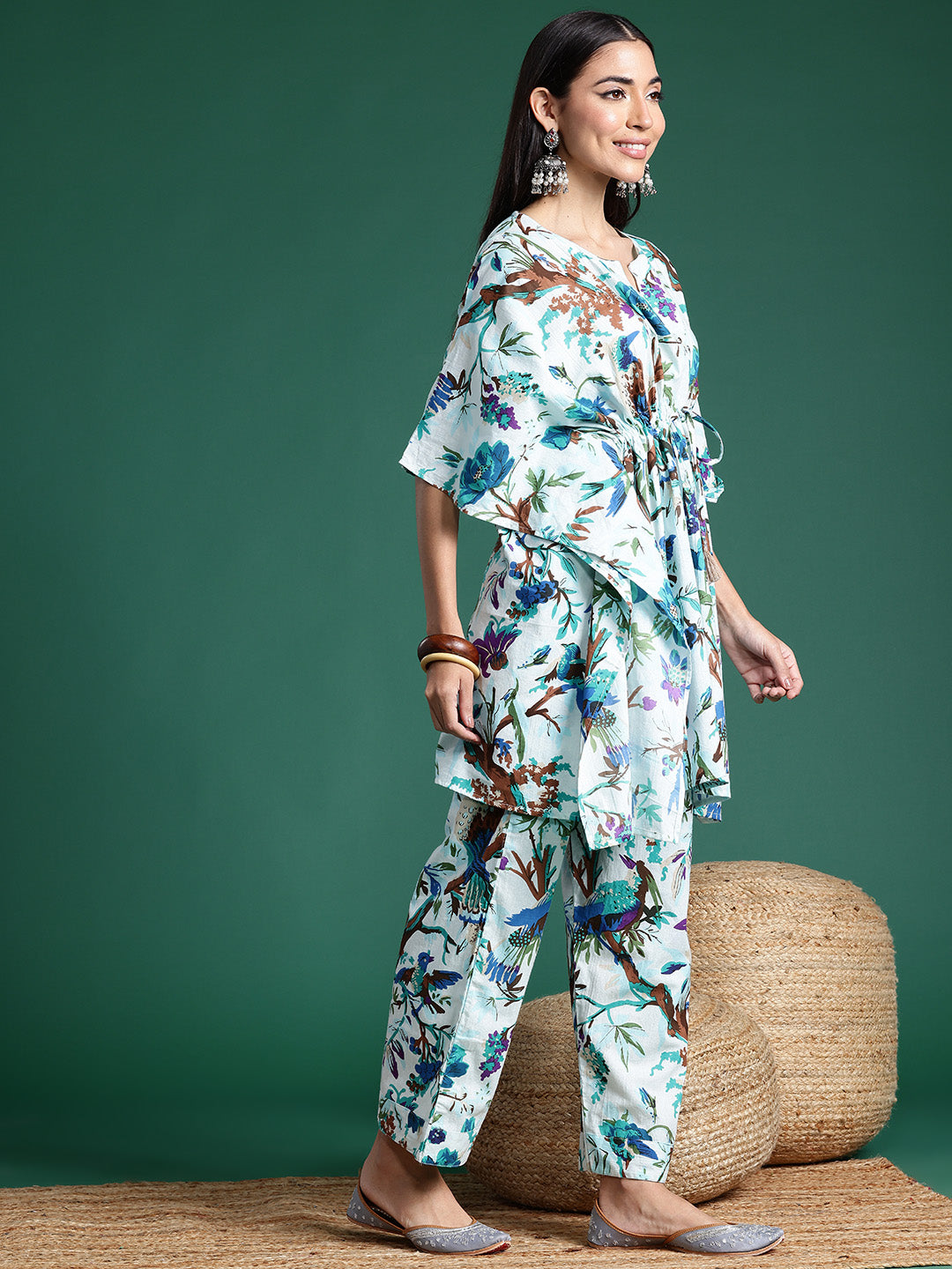 Women Floral Printed Kaftan Pure Cotton Kurti with Palazzos