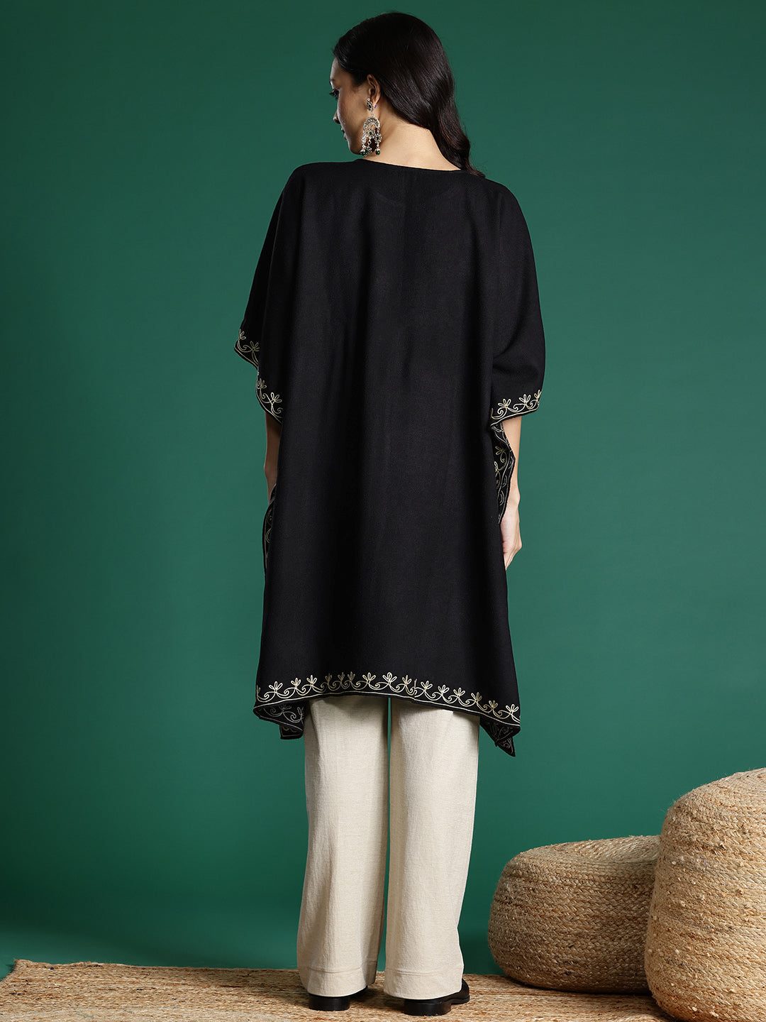 Floral Embroidered Flared Sleeves Thread Work Jacquard Kaftan Kurta