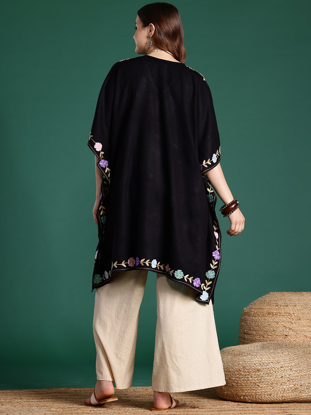 Women Black Floral Embroidered Thread Work Kashmiri Pheran