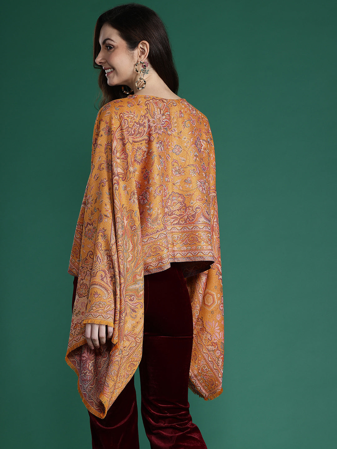 Indie Floral Woven Design Flared Kimono Sleeve Kaftan Top