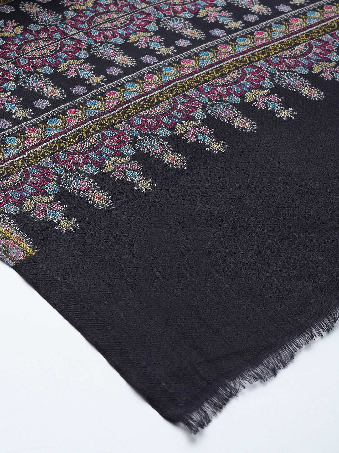 Women Black Wool Blend Ethnic Motifs Woven Shawl