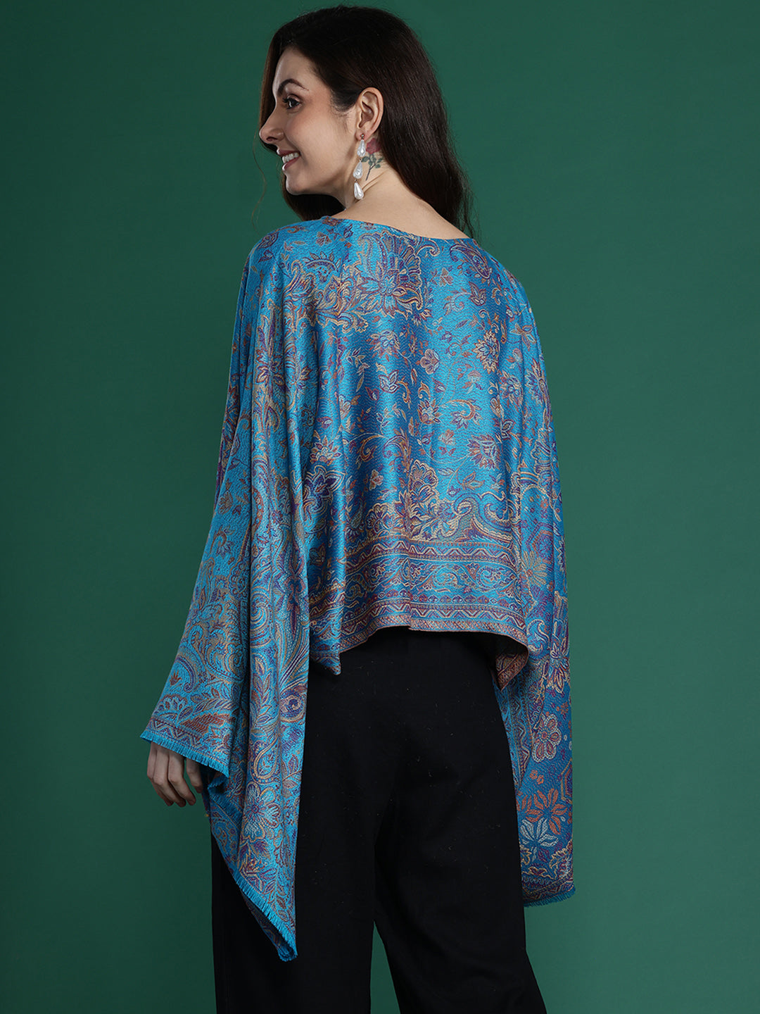 Blue Indie Floral Woven Design Flared Kimono Sleeve Kaftan Top