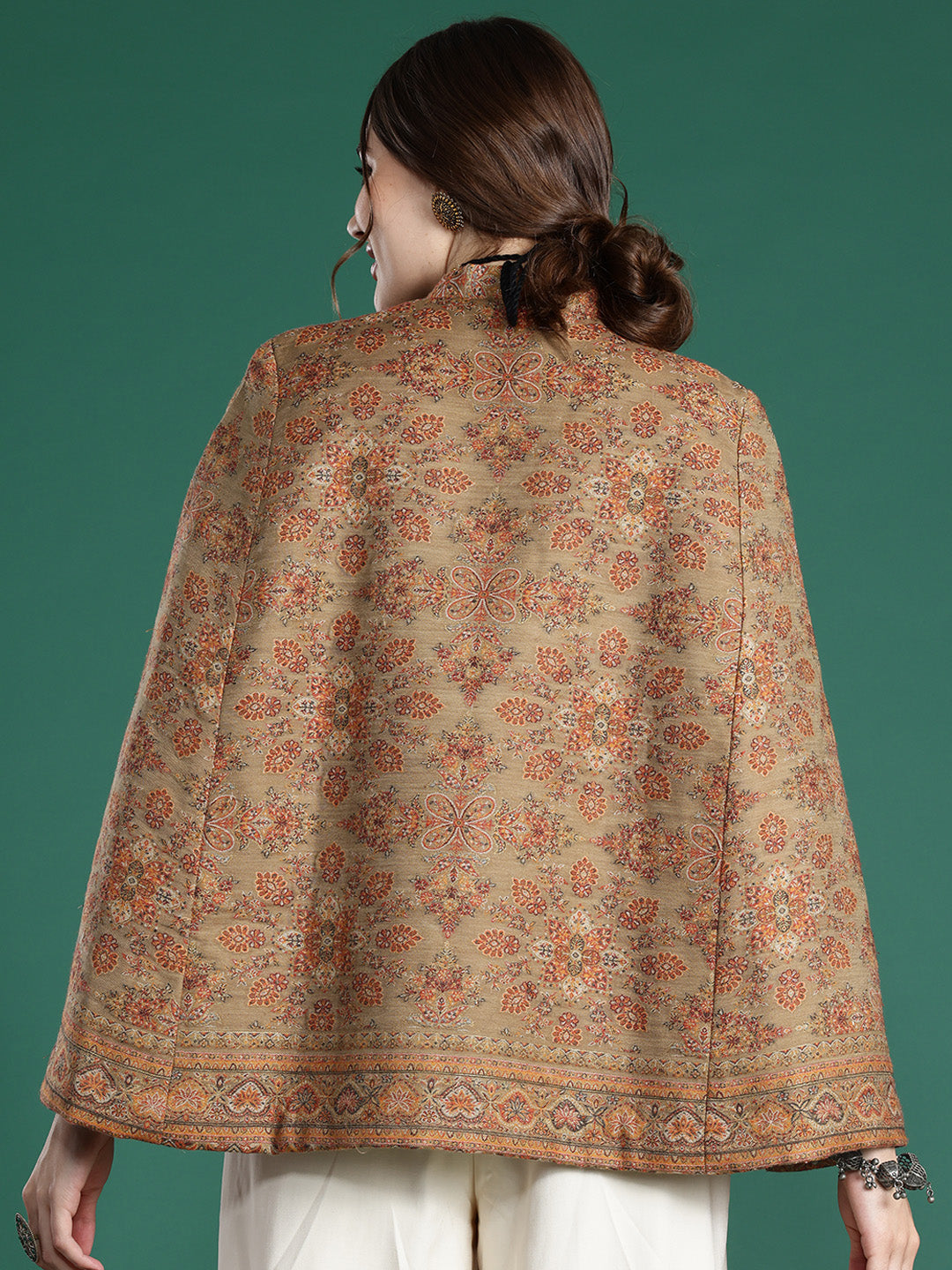 Beige Floral Woven Design Cape Jacket