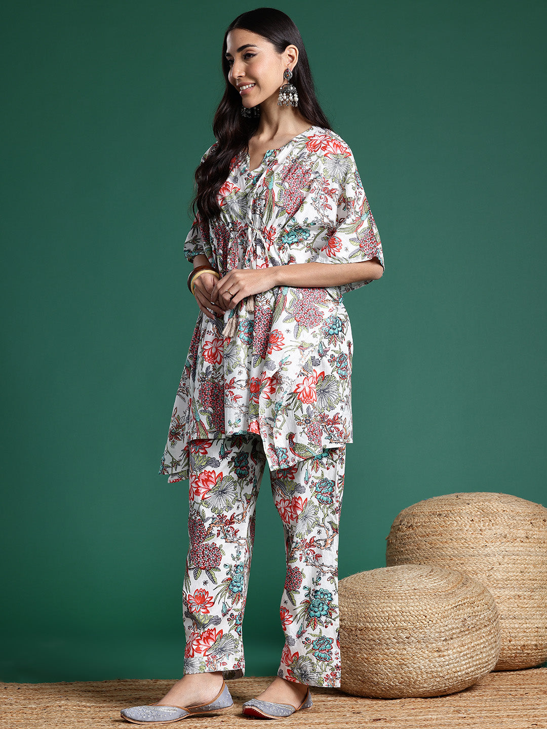 Women Floral Printed Kaftan Pure Cotton Kurti with Palazzos