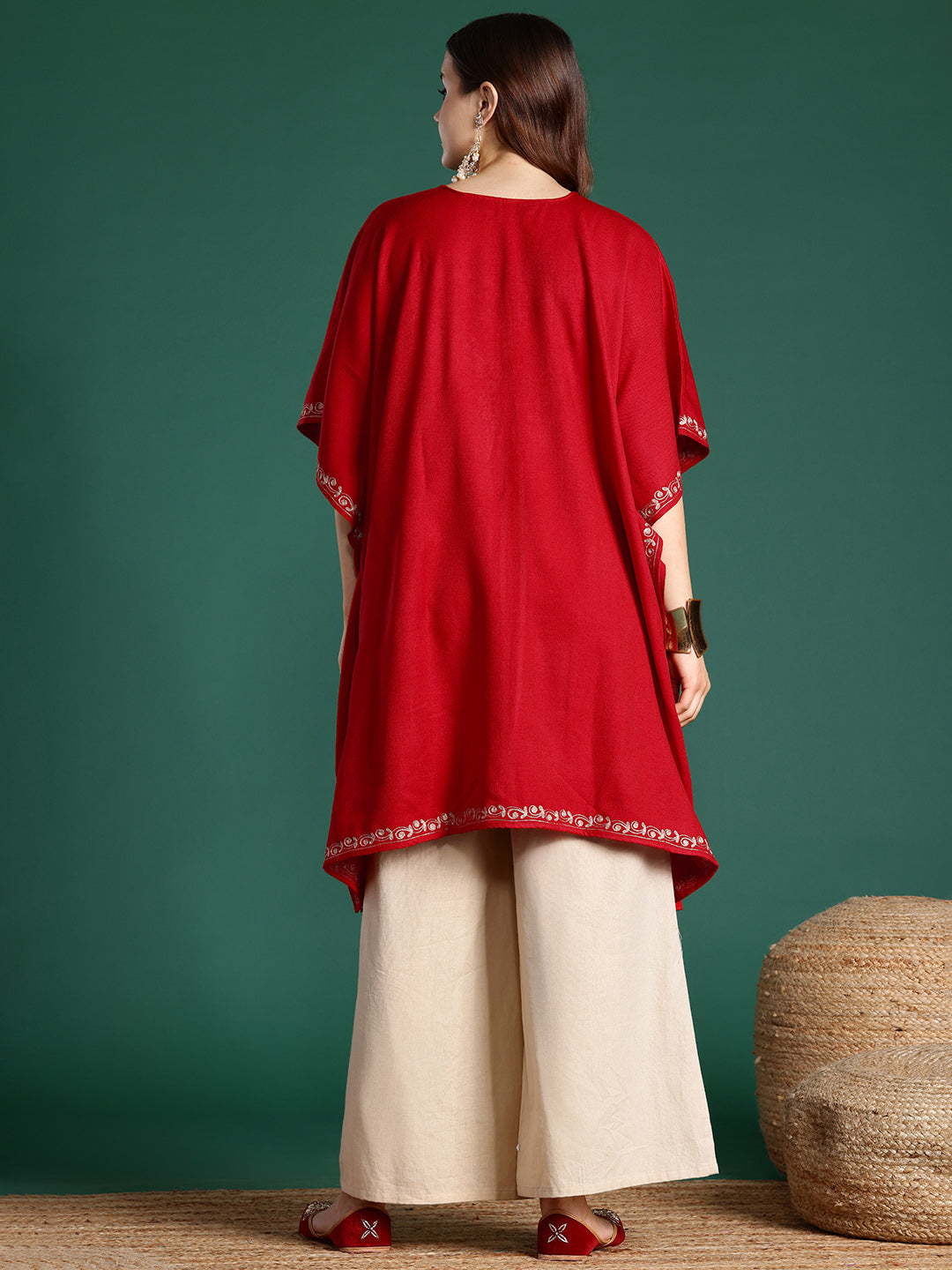 Women Red Kashmiri Aari Embroidered Zari Work Pheran Kaftan