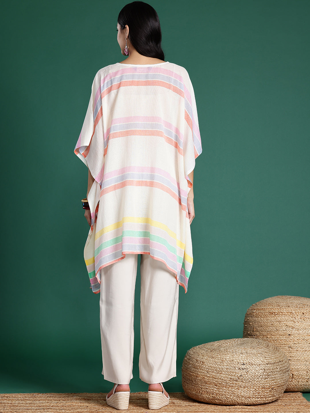 Striped Flared Sleeves Jacquard Kaftan Kurta