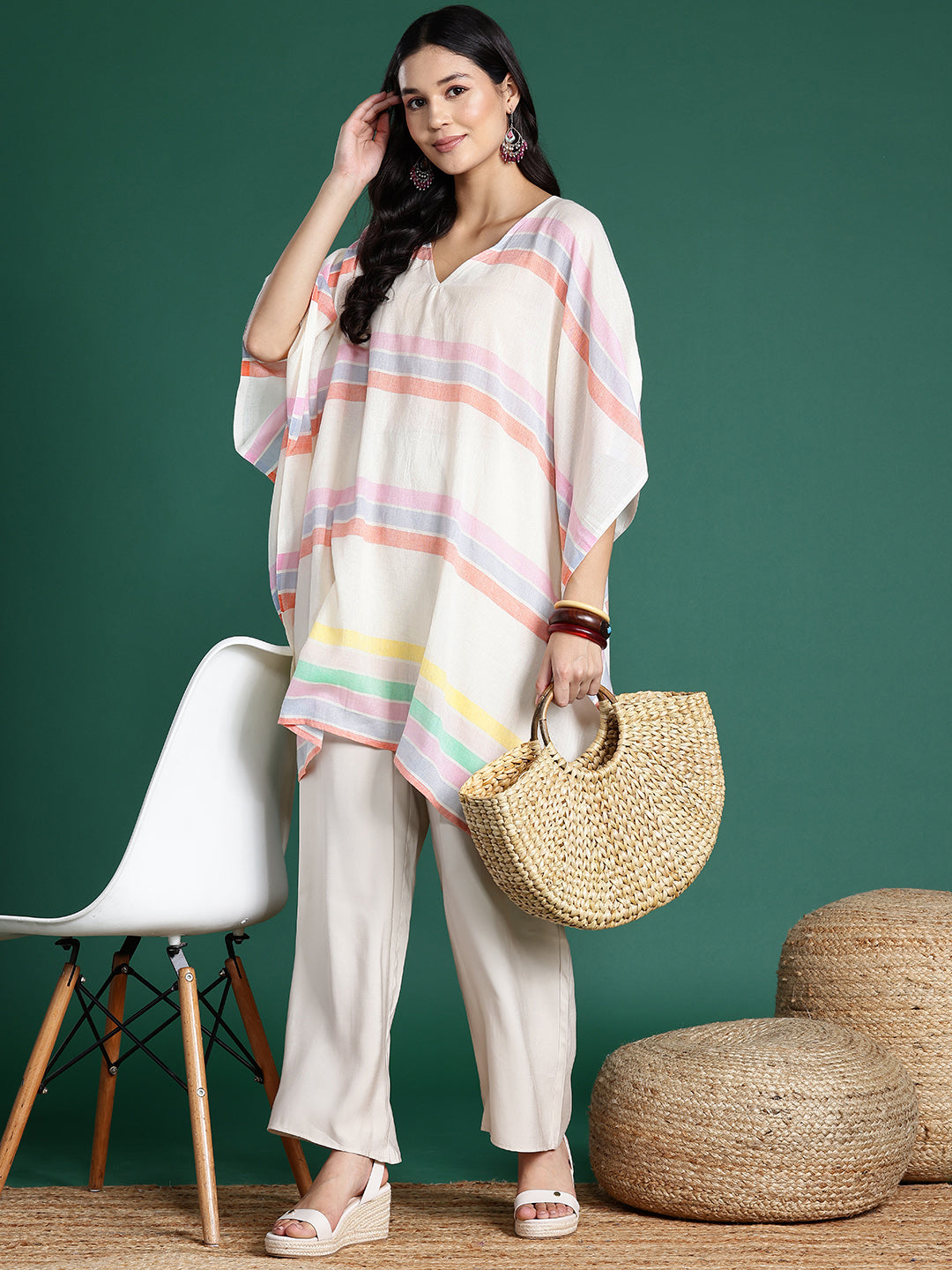 Striped Flared Sleeves Jacquard Kaftan Kurta