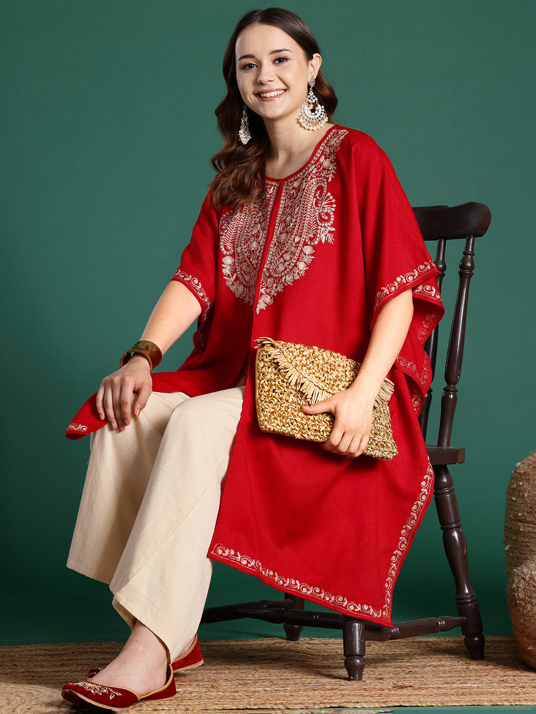 Women Red Kashmiri Aari Embroidered Zari Work Pheran Kaftan