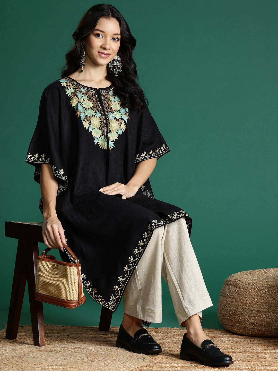 Floral Embroidered Flared Sleeves Thread Work Jacquard Kaftan Kurta