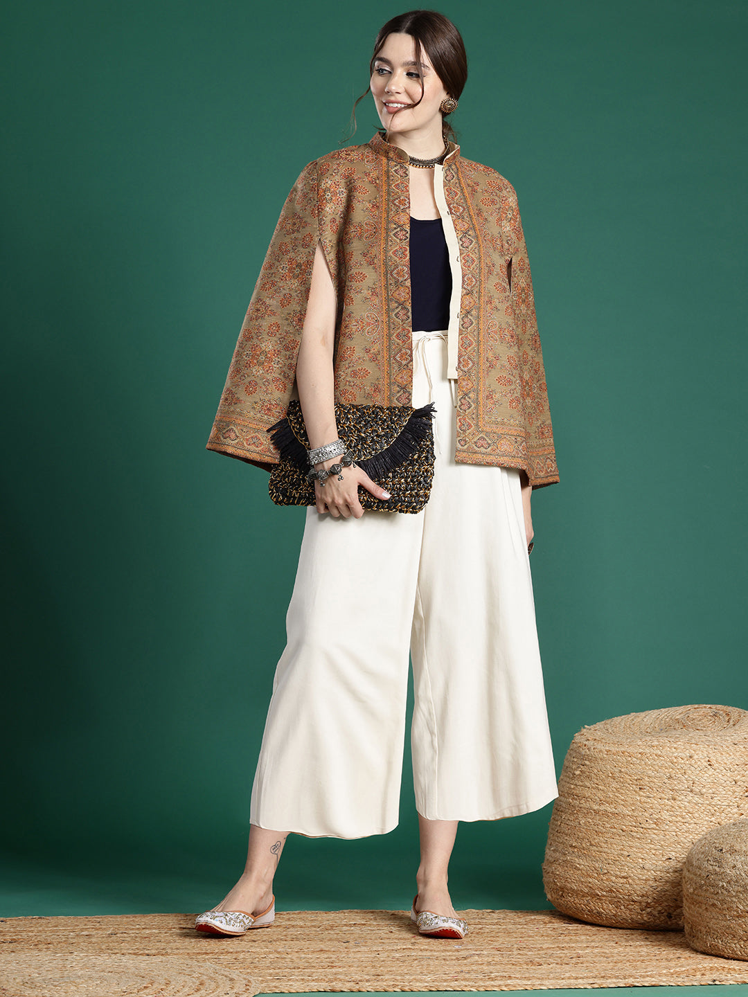 Beige Floral Woven Design Cape Jacket