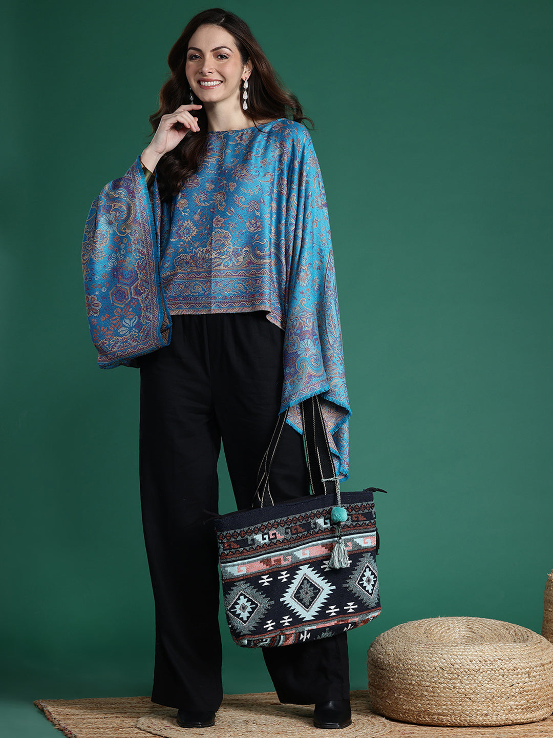 Blue Indie Floral Woven Design Flared Kimono Sleeve Kaftan Top