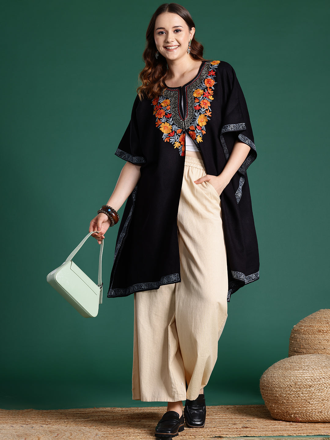 Women Black Floral Aari Embroidered Zari Thread Work Kashmiri Pheran