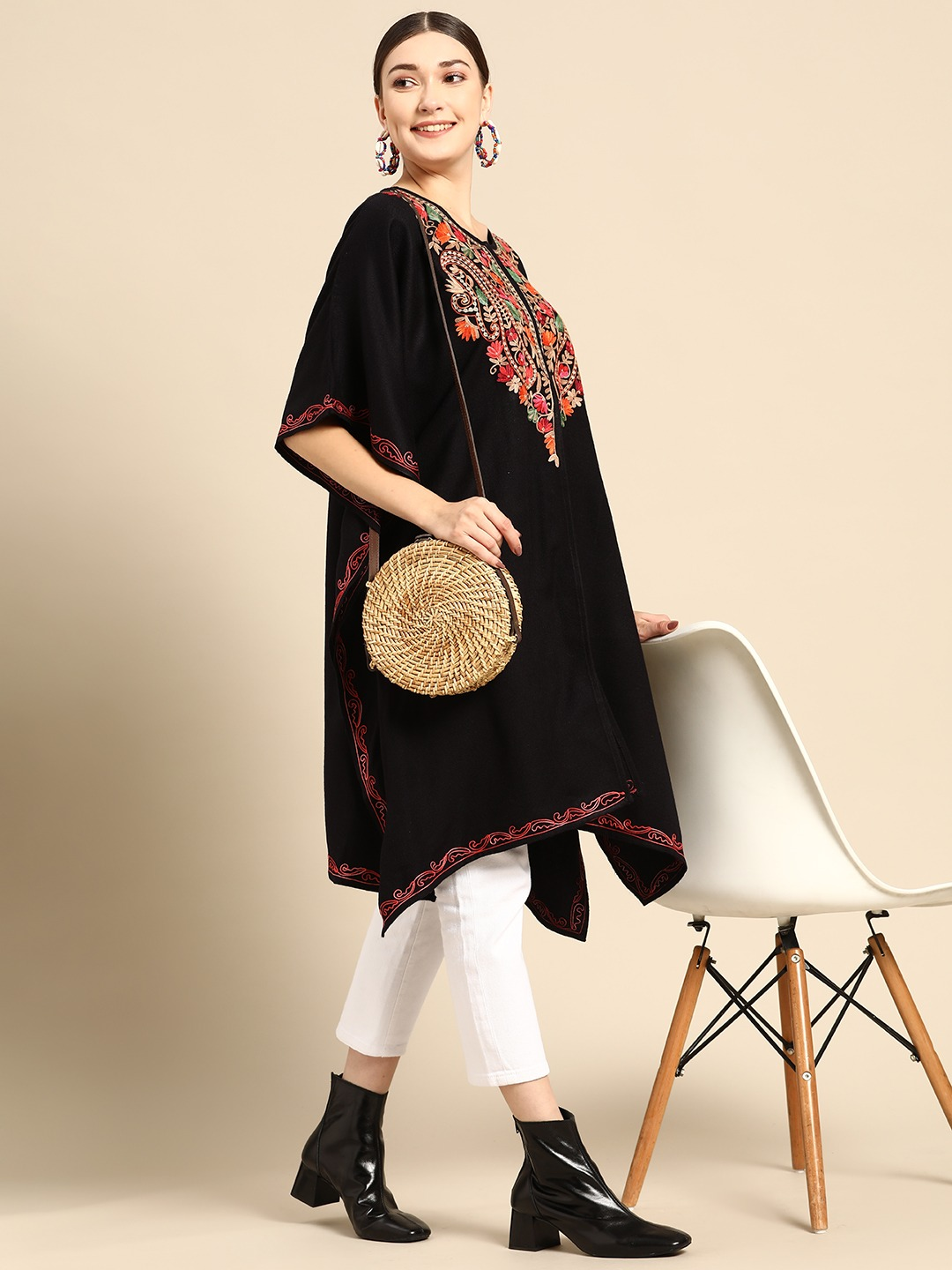 Women Floral Embroidered Flared Sleeves Thread Work Acrylic Fusion Kaftan Kurta