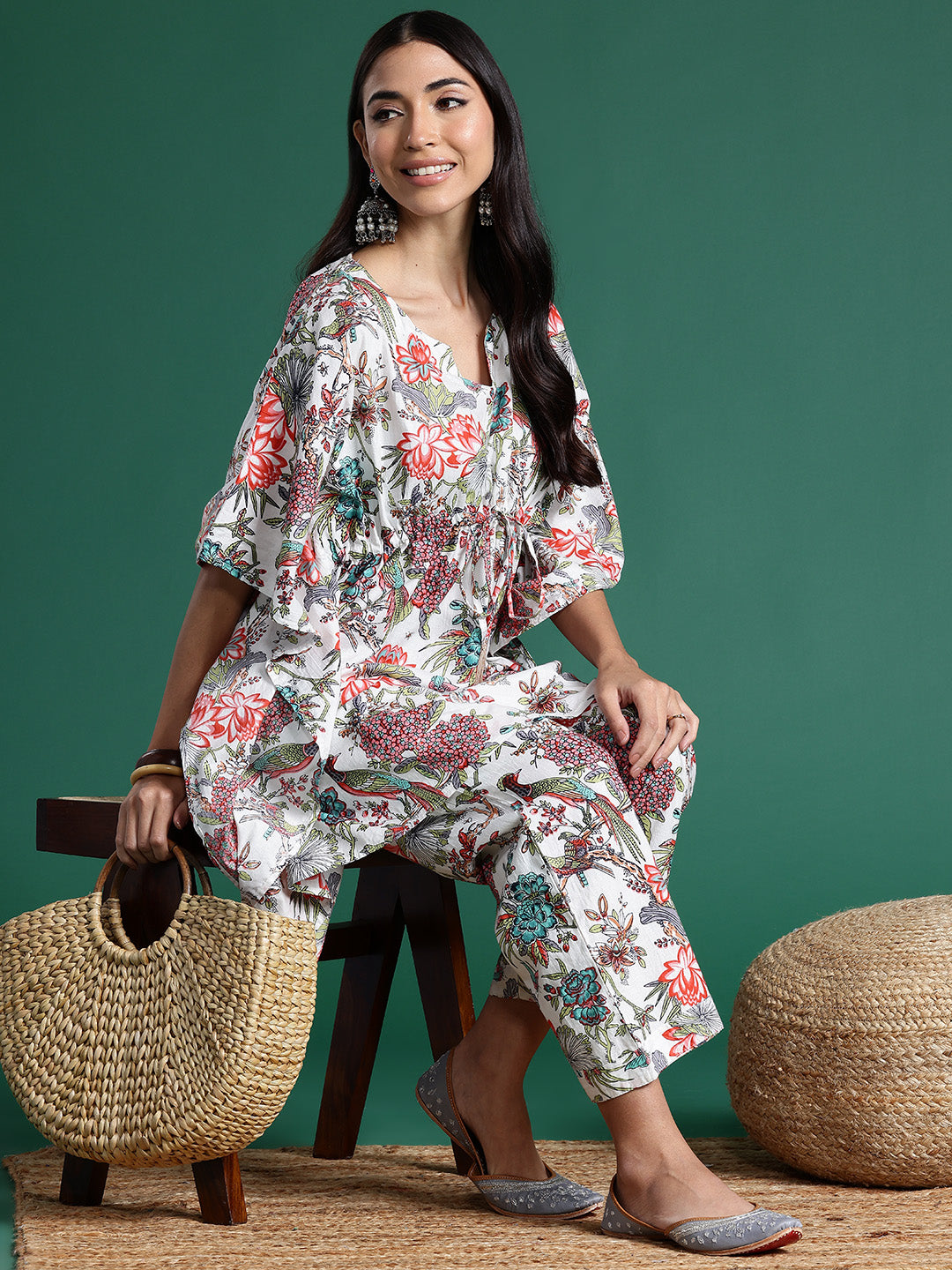 Women Floral Printed Kaftan Pure Cotton Kurti with Palazzos