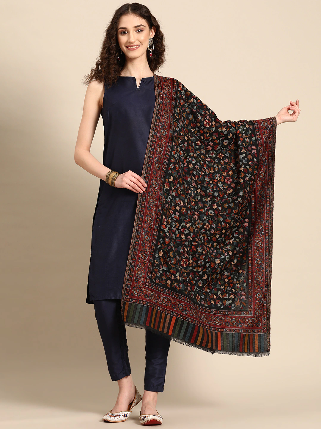 Women Black Woven Design Kashmiri Kaani Stole