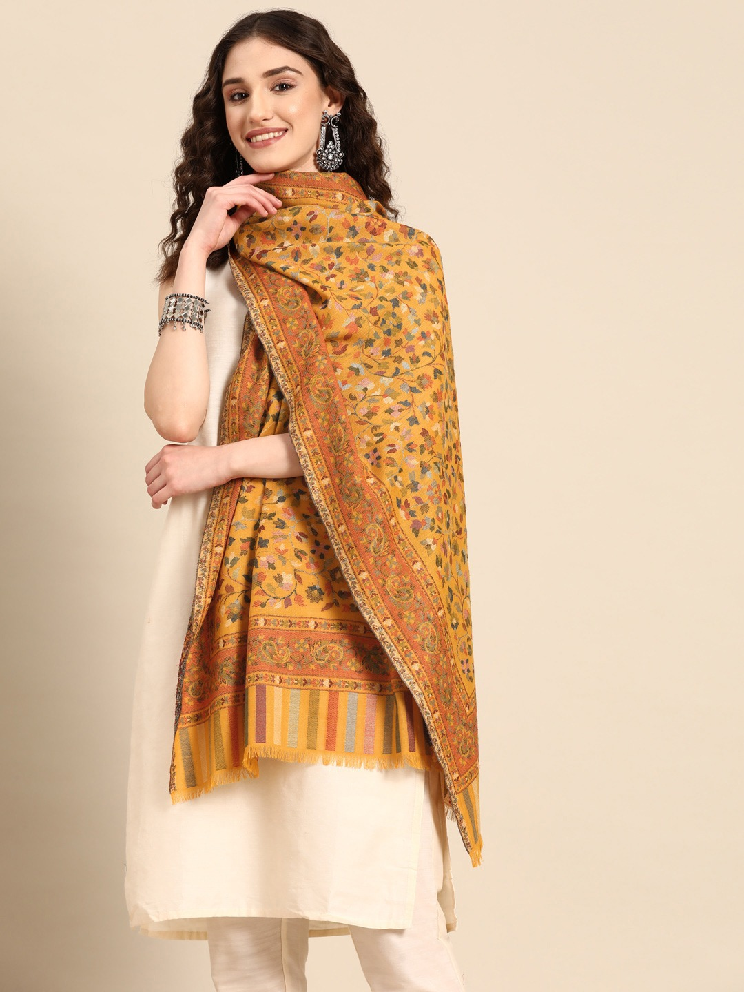 Women Mustard Woven Design Kashmiri Kaani Stole