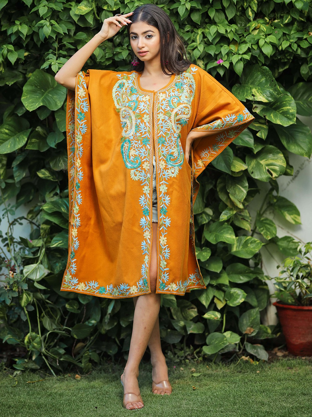 Women Mustard Floral Embroidered Flared Sleeves Thread Work Acrylic Fusion Kaftan Kurta