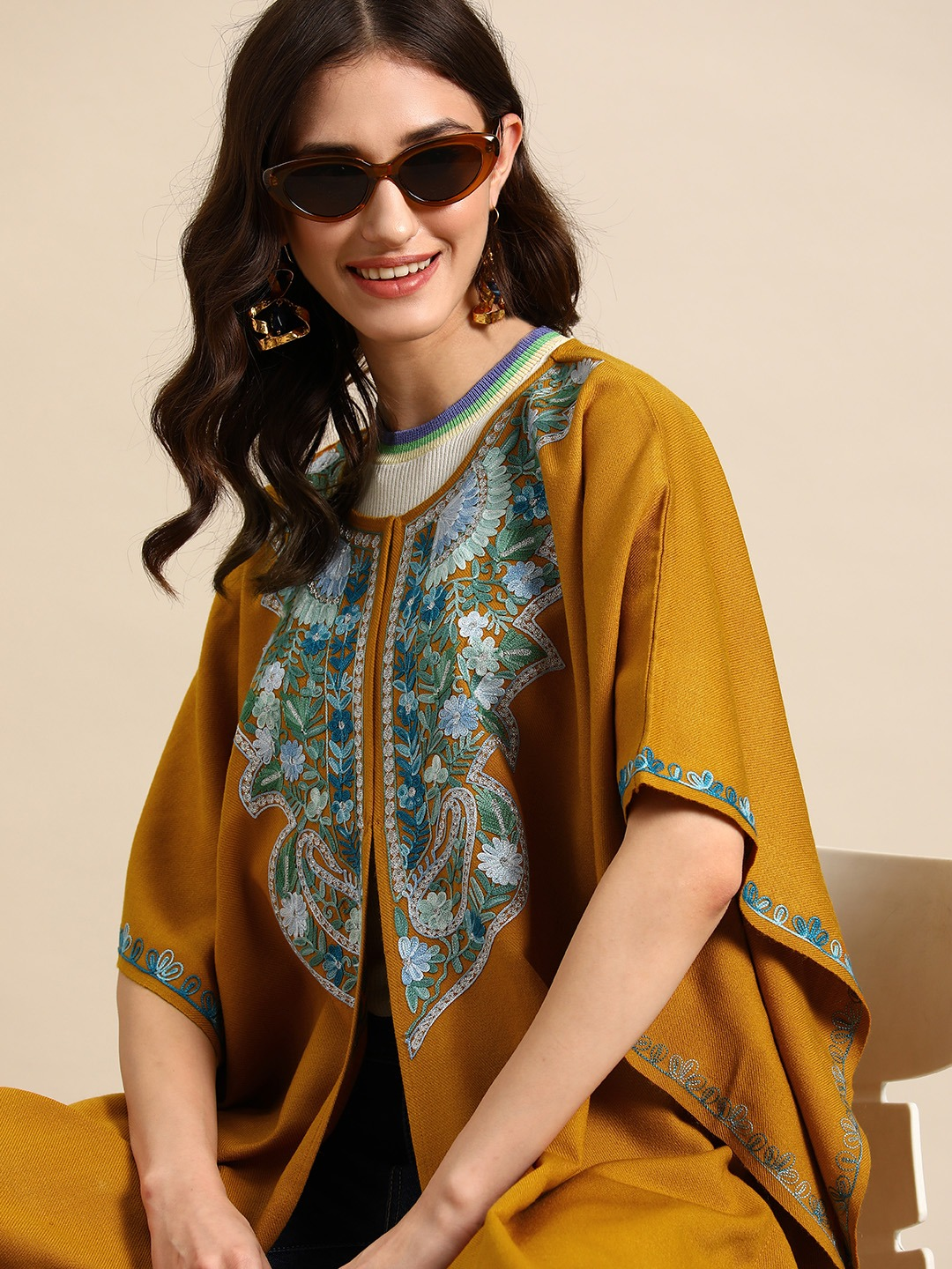 Women Mustard Floral Embroidered Flared Sleeves Thread Work Acrylic Fusion Kaftan Kurta