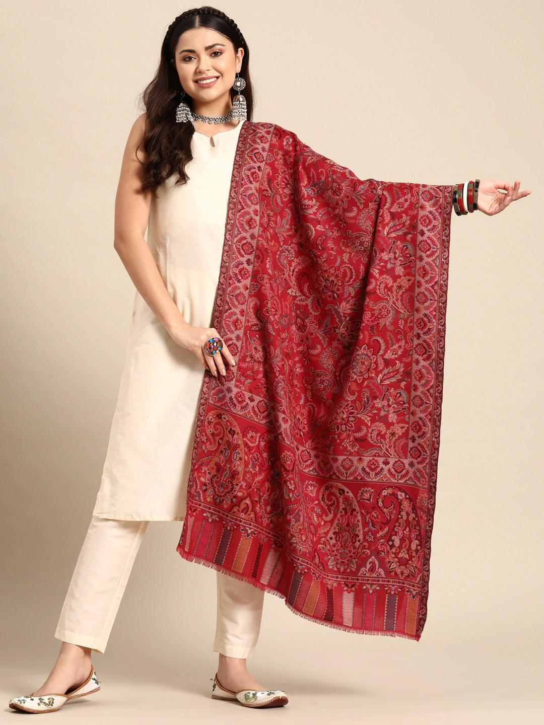 Women Red  Woven Design Kashmiri Kaani Stole