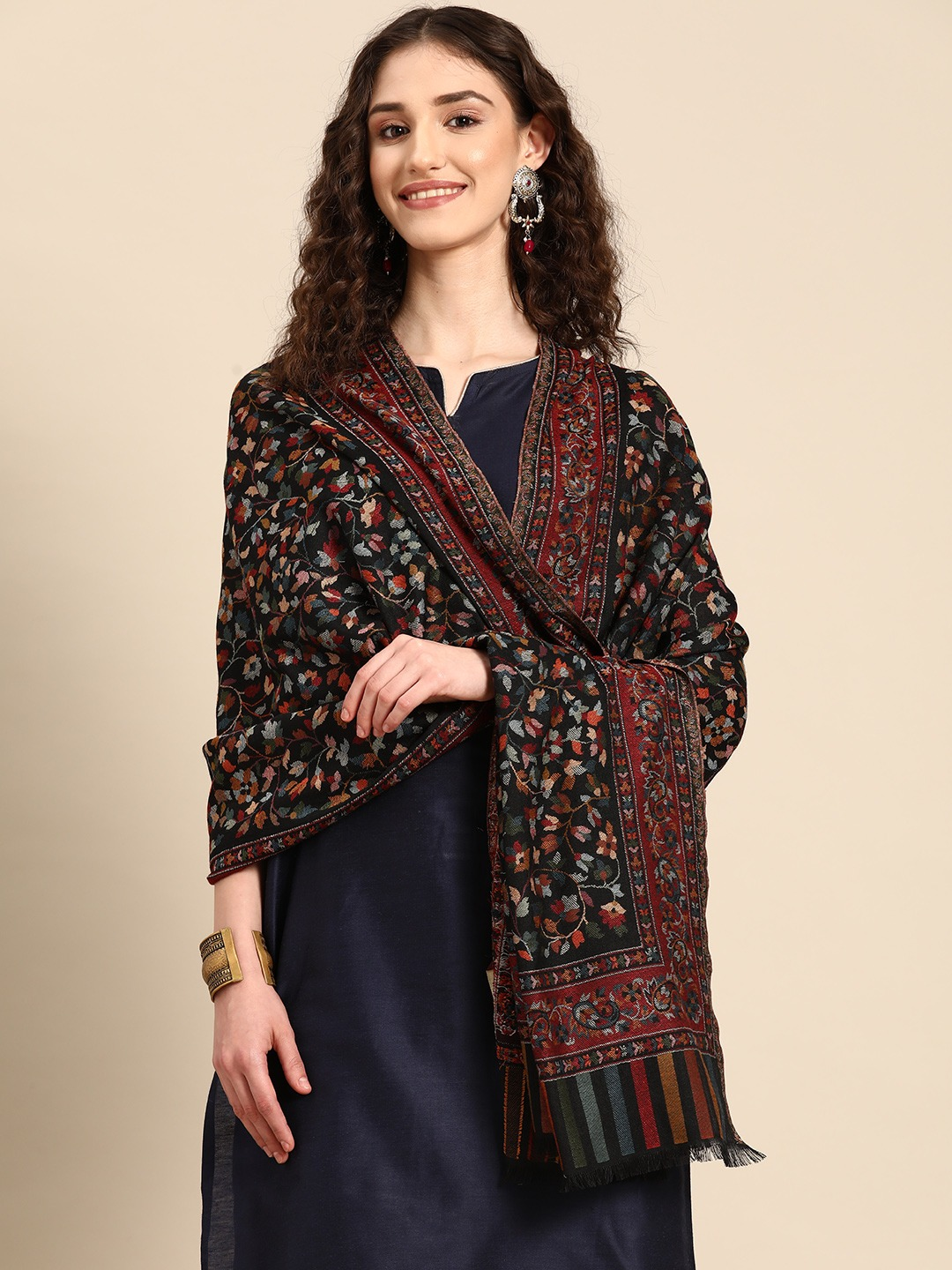 Women Black Woven Design Kashmiri Kaani Stole