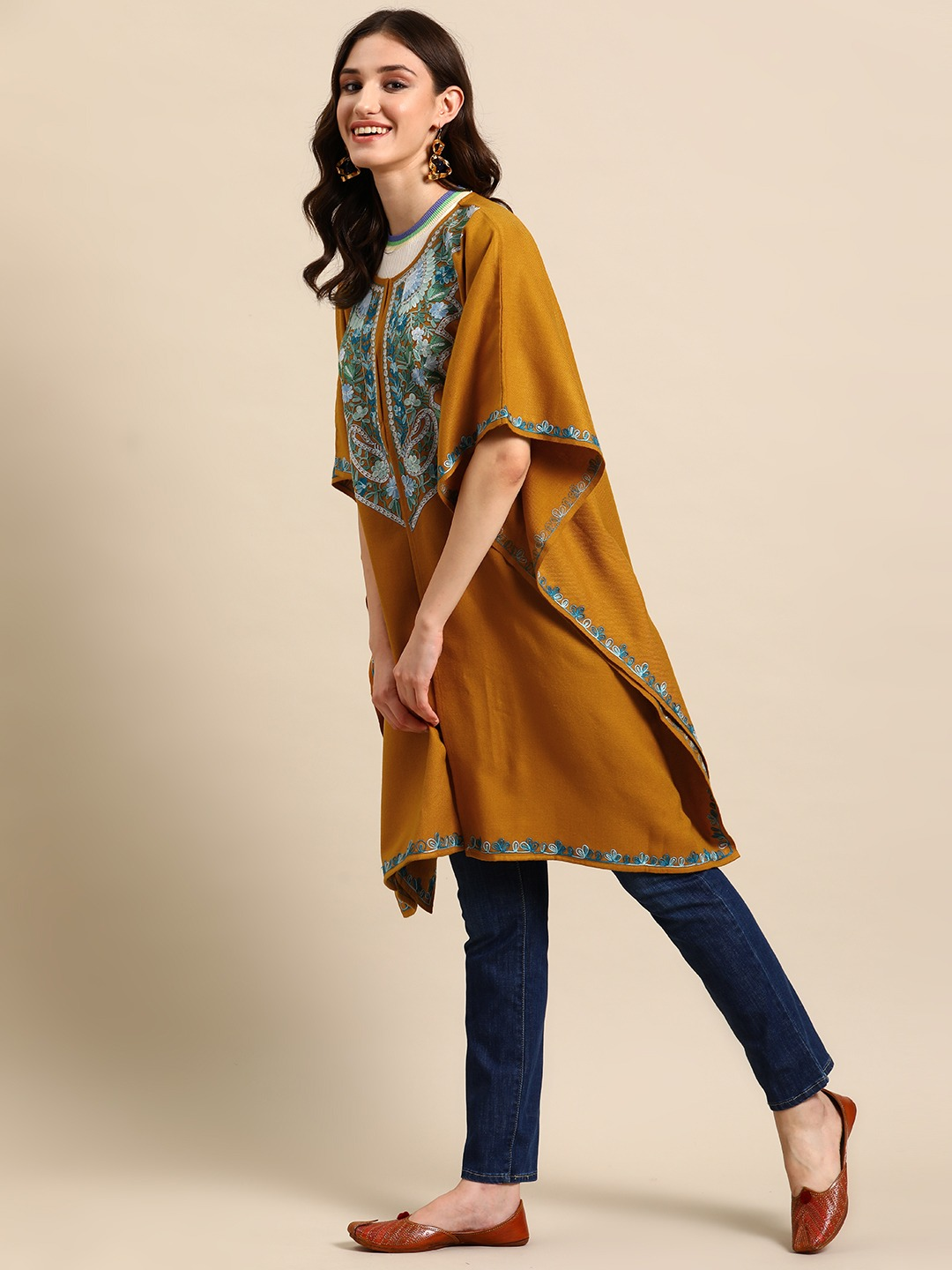 Women Mustard Floral Embroidered Flared Sleeves Thread Work Acrylic Fusion Kaftan Kurta