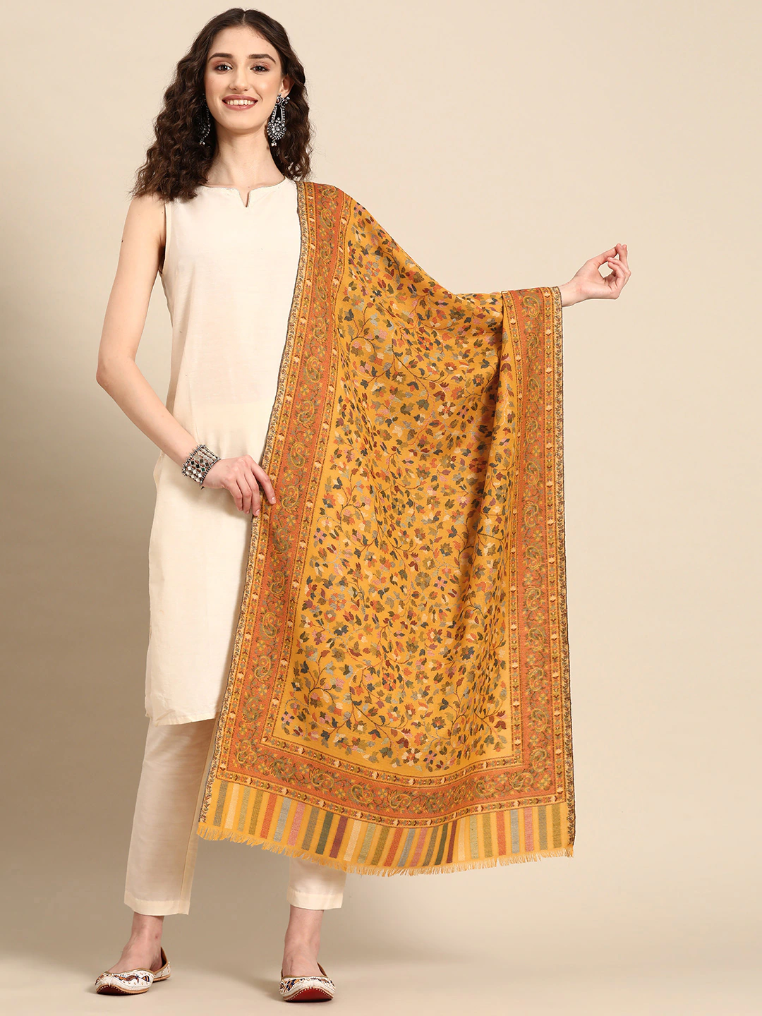 Women Mustard Woven Design Kashmiri Kaani Stole