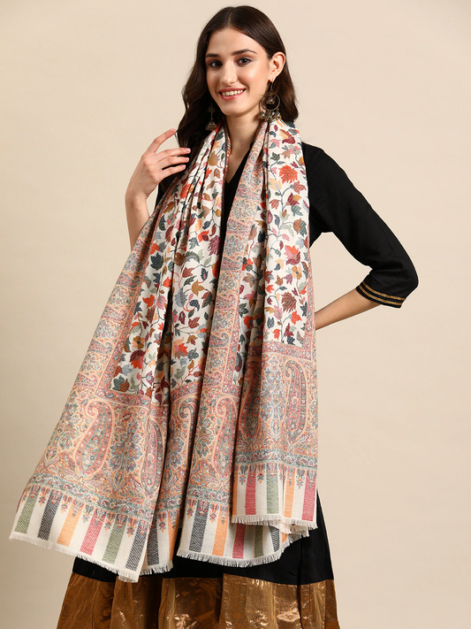 Women White Woolen Floral Woven Design Kashmiri Kaani Shawl