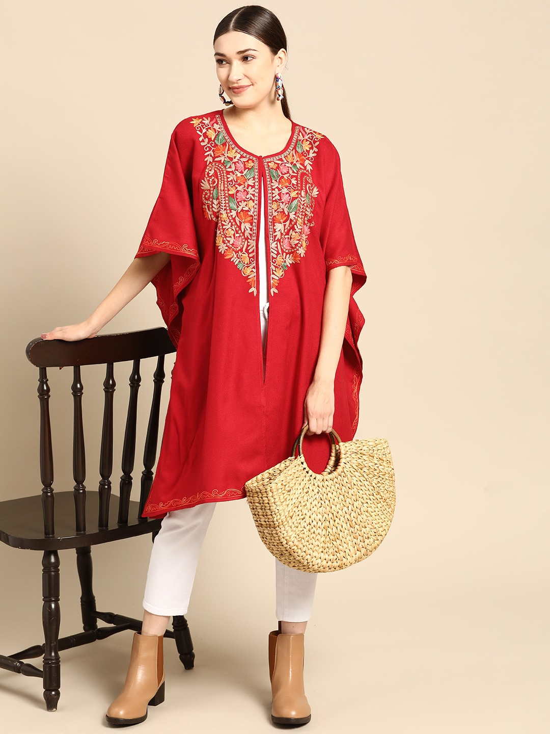 Women Floral Embroidered Flared Sleeves Thread Work Acrylic Fusion Kaftan Kurta