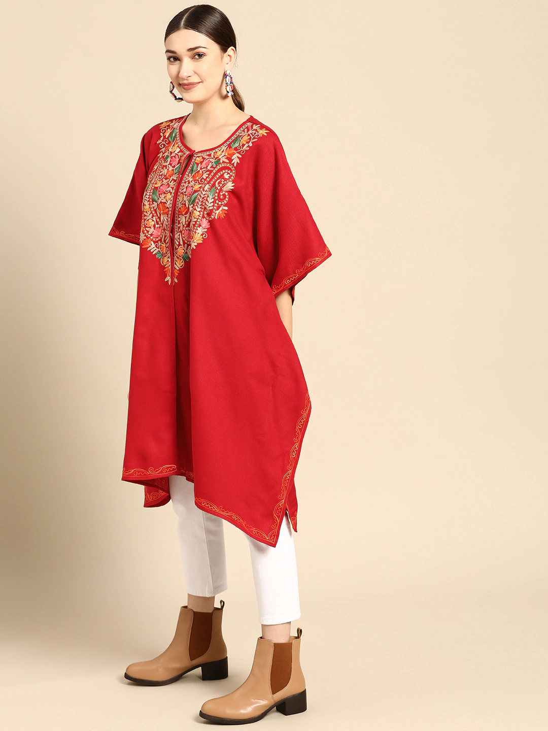 Women Floral Embroidered Flared Sleeves Thread Work Acrylic Fusion Kaftan Kurta