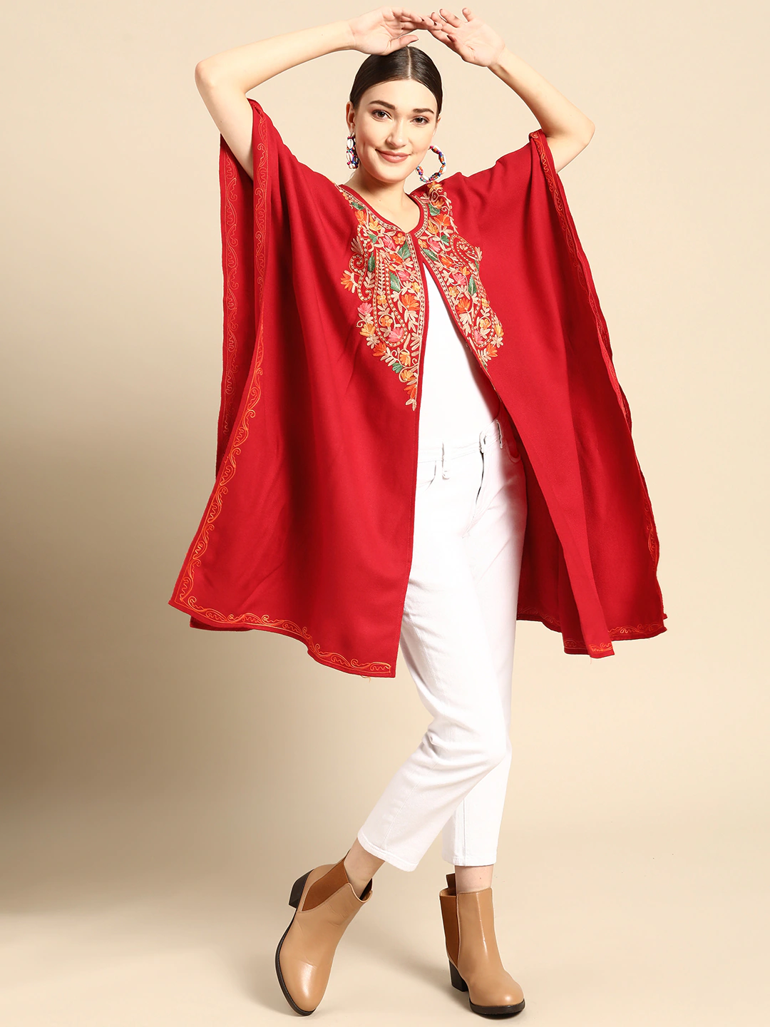 Women Red Kashmiri Embroidered Front Open Longline Sweater