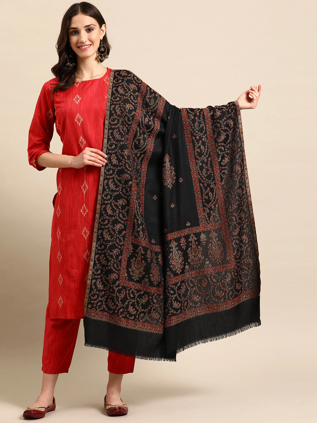 Women Black Ethnic Motifs Woven Design Fancy Shawl